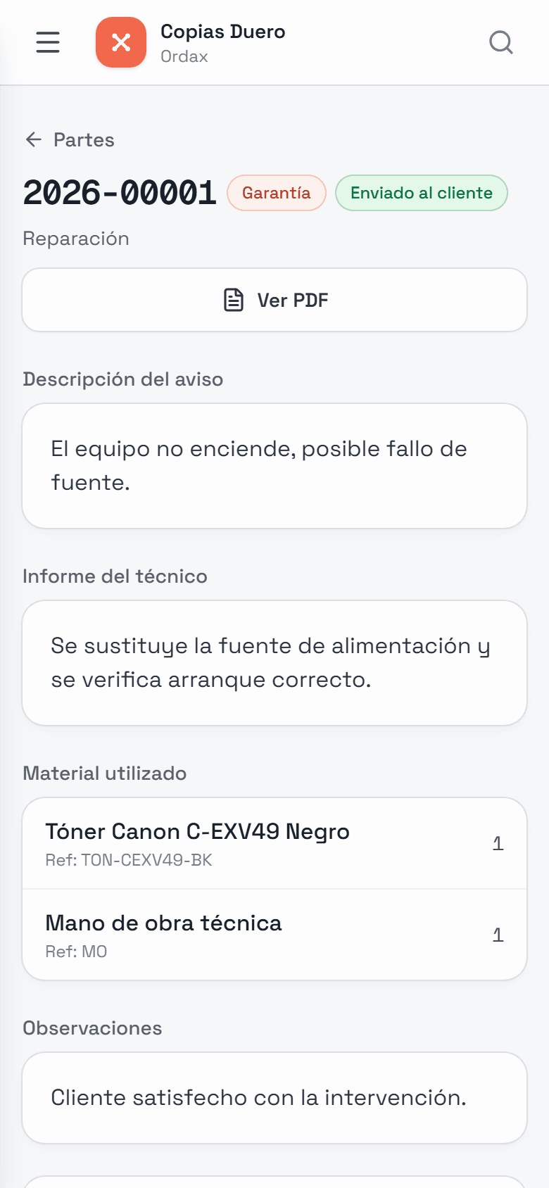 Parte de trabajo de ORDAX en el móvil: aviso, informe del técnico, material utilizado y el estado enviado al cliente.
