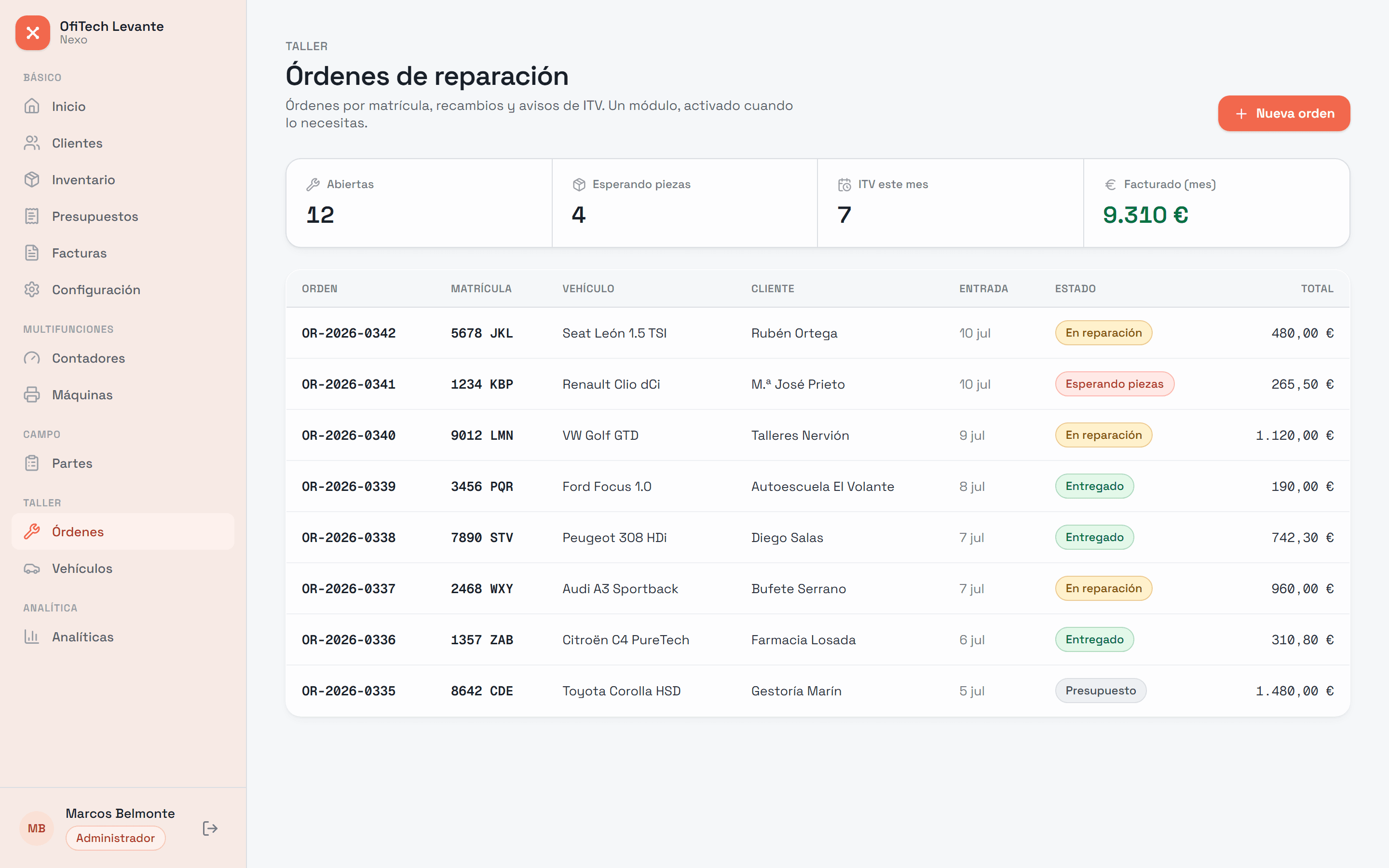 Módulo de talleres de ORDAX: orden de trabajo por matrícula con recambios y aviso de ITV.